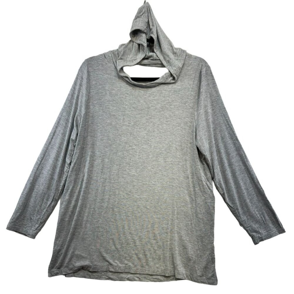 Chicos Zenergy Hooded Long Sleeve Pullover Top Size 2 Gray Back Cutout Strip